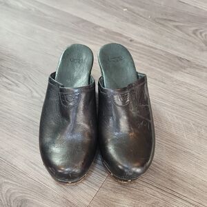 UGG Black Leather Slip-On Clogs
